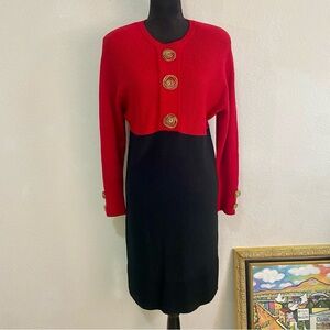 Steve Fabrikant Vintage Knit Dress Red Black Gold Button Wool Blend *Flaw In Pic